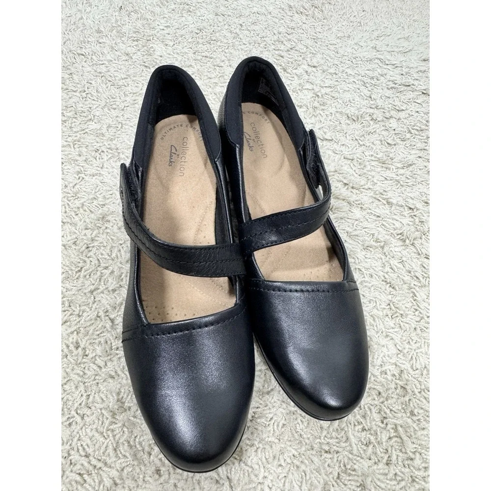 Clark's Black Leather Emily Pearl Mary Jane Block Heel Comfort Shoes Women's 7M - Picture 3 of 9